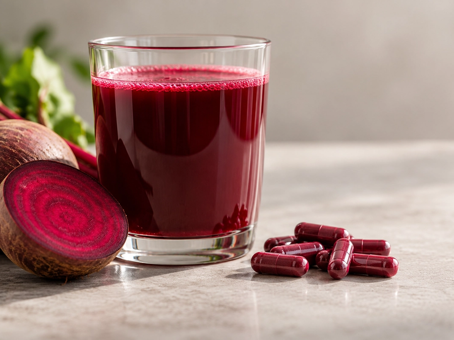 Glass of beetroot juice and beetroot capsules on kitchen worktop