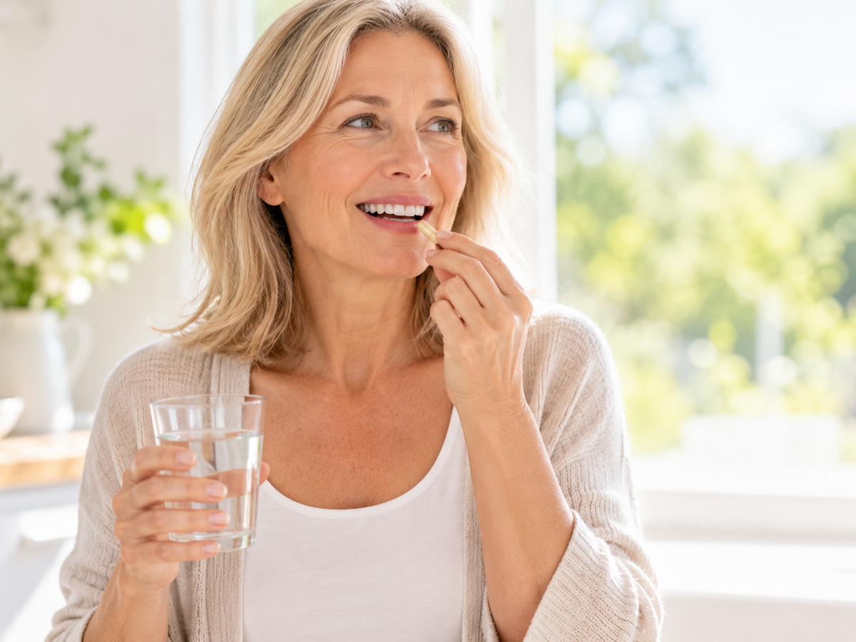 Lady taking a vitamin on a sunny day