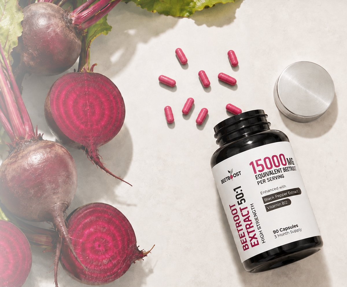 bottle of beetroot capsules on a table