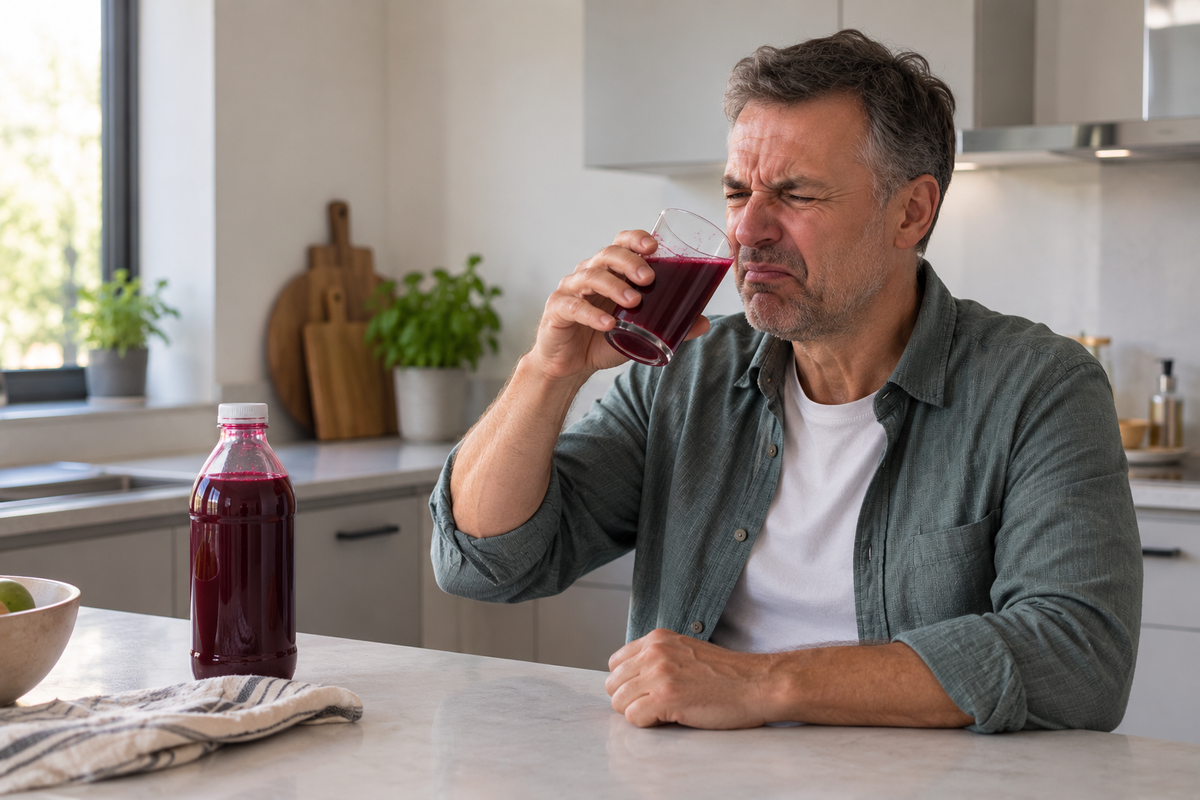 Man disgusted while drinking a glass of beetroot juice