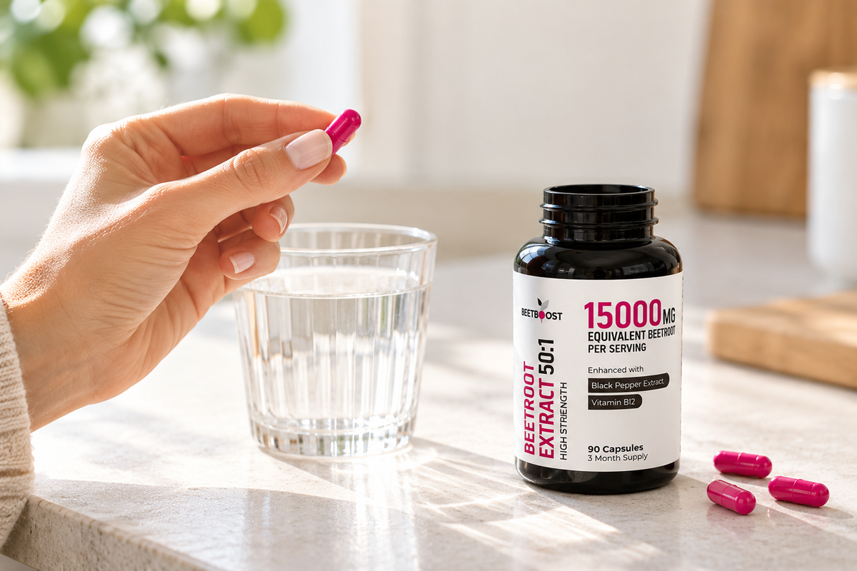 Person taking supplement with glass of water