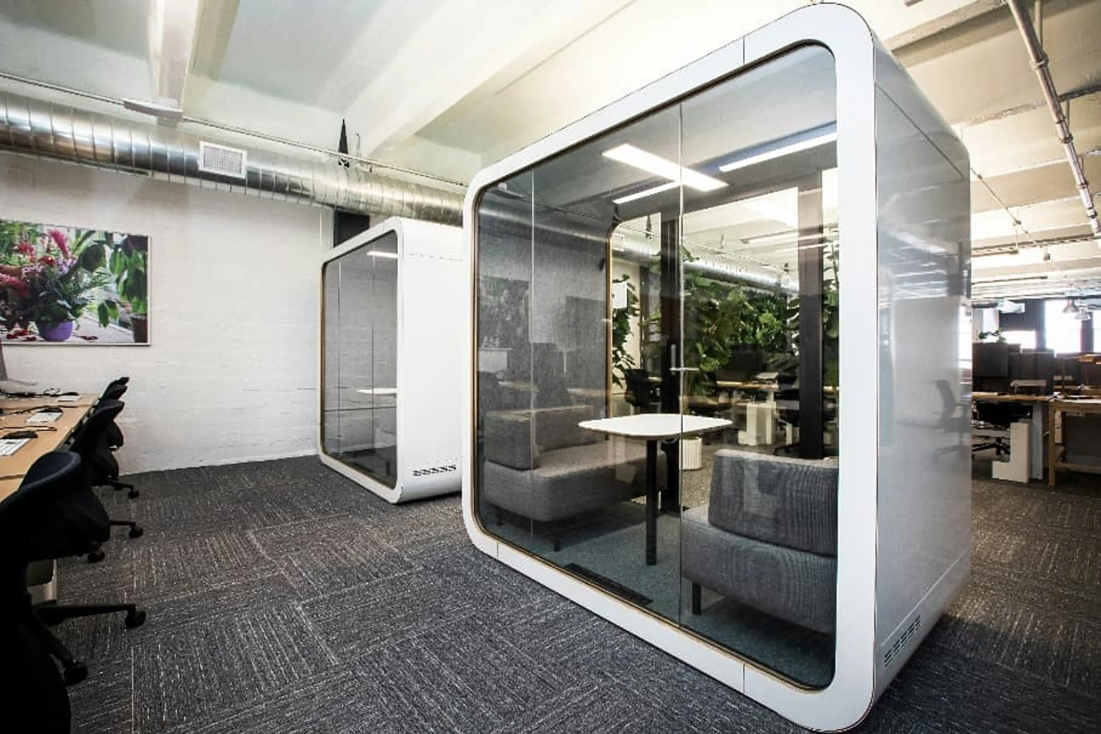 Sound insulated booths in an office