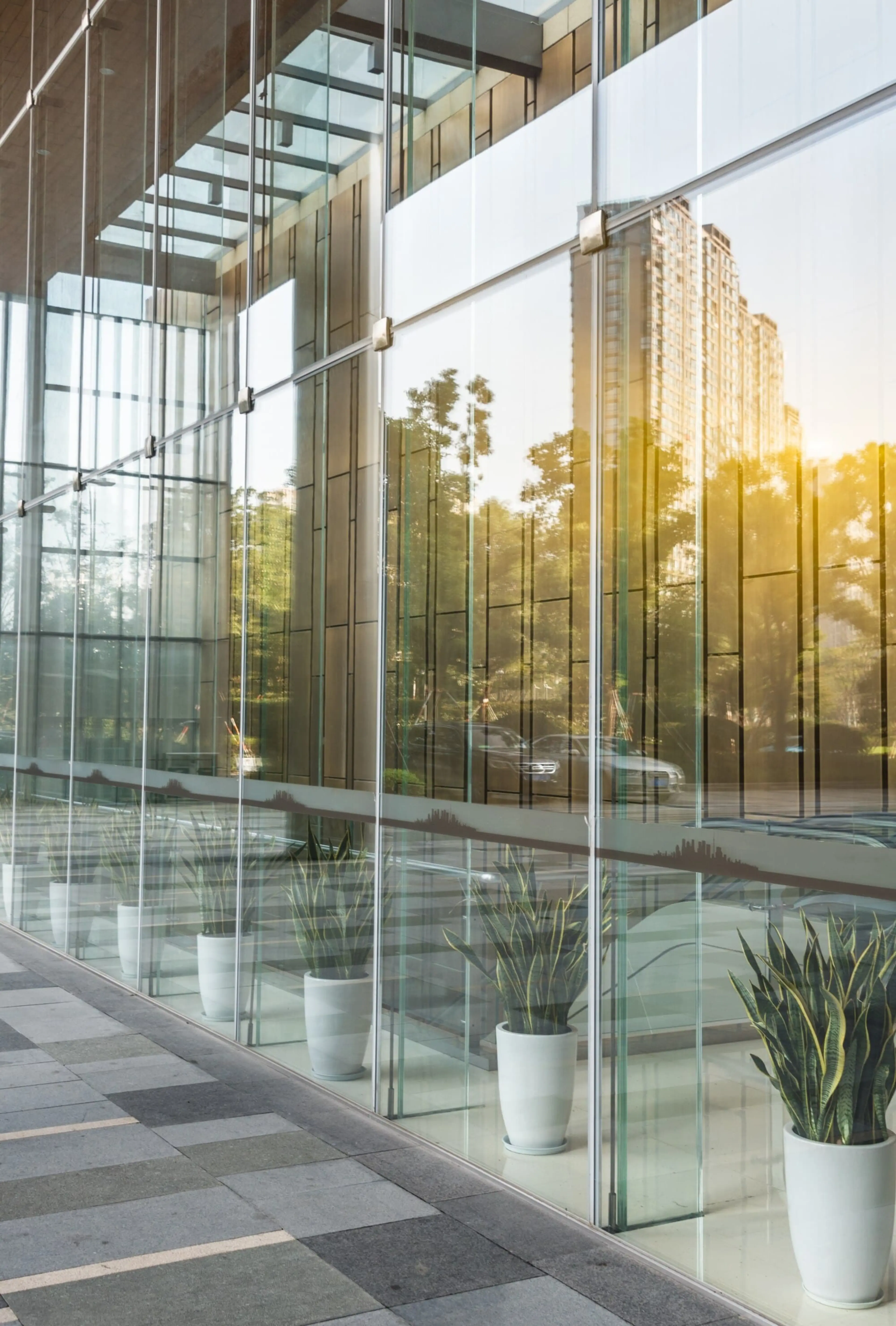 Sunlight is reflected from an office window