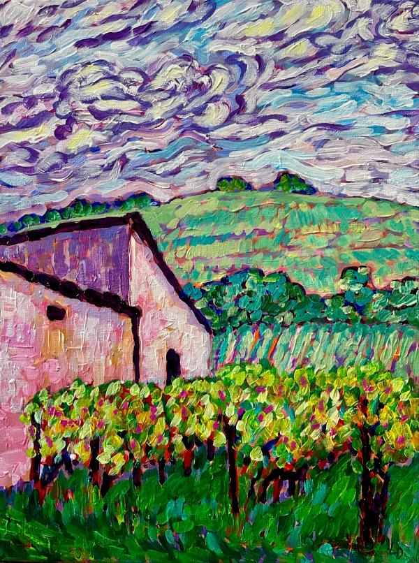 Vineyards next to a building, with hills in the background