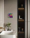 Small painting of flowers on a bathroom wall