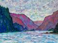 Cliffs and hills on either side of a wide river with swirling sky above.