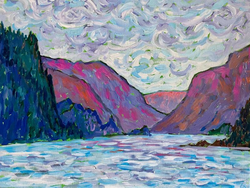 Cliffs and hills on either side of a wide river with swirling sky above.