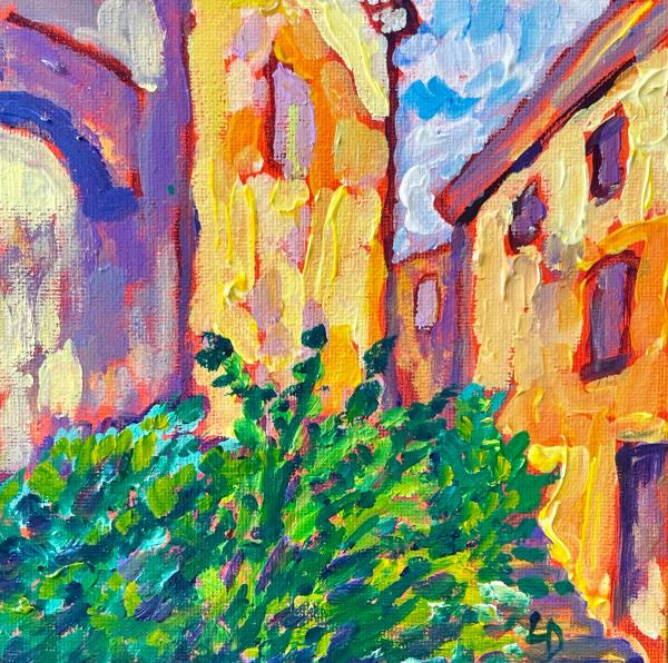 Sunny alley between buildings with a bush in the foreground