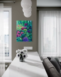 Floral painting hung between two windows 