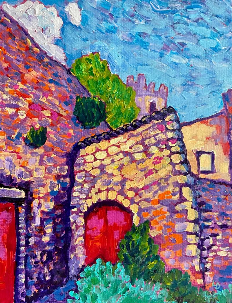 Red doors set in old stone walls