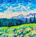 A painting of a mountain meadow with trees and mountains in the background