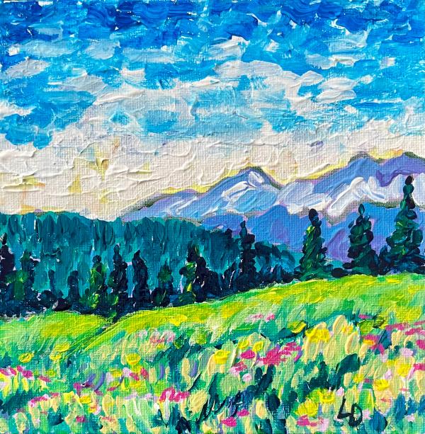 A painting of a mountain meadow with trees and mountains in the background