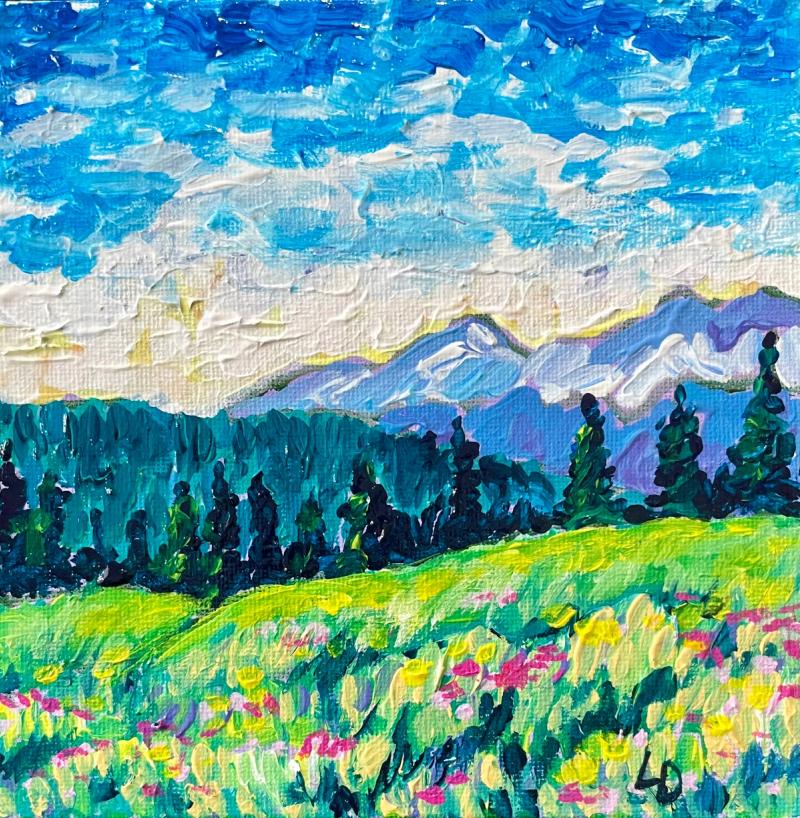 A painting of a mountain meadow with trees and mountains in the background