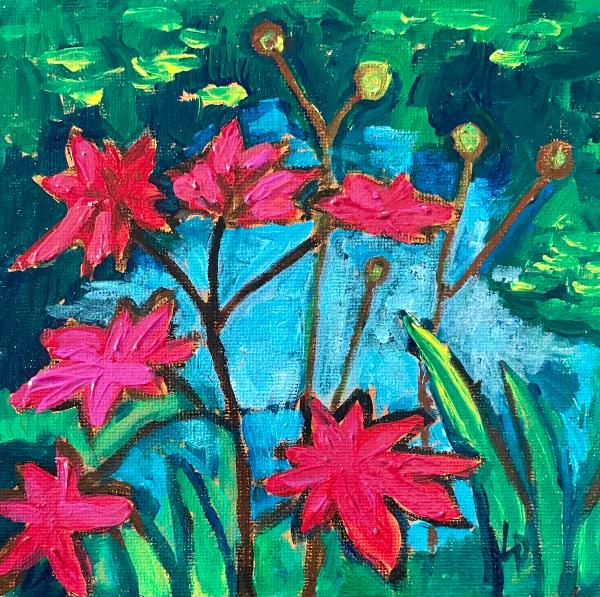 A painting of a broad leaf plant with red leaves.