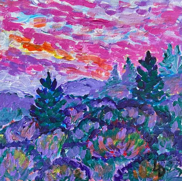 A painting of a brilliant sunrise over mounds of shrubs and trees