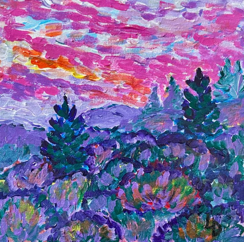 A painting of a brilliant sunrise over mounds of shrubs and trees