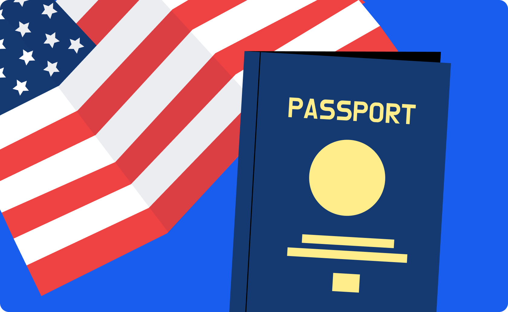 An illustration of a passport with the American flag in the background
