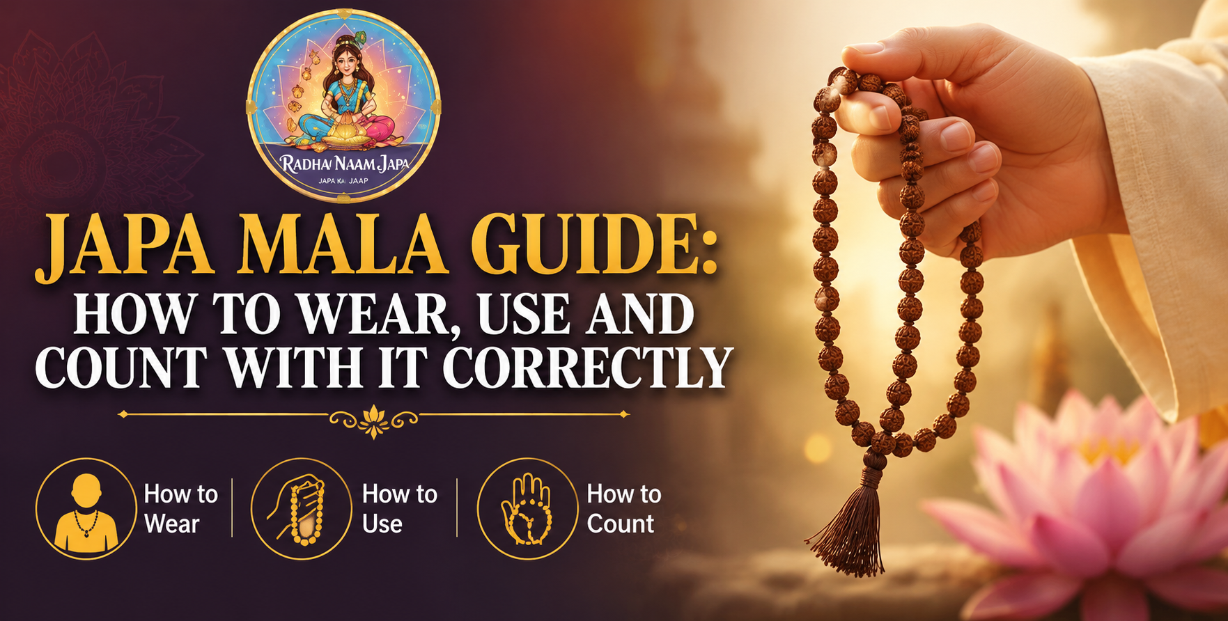 Japa Mala Guide banner featuring prayer beads, Radha Naam Japa logo, and instructions on how to wear, use, and count a Japa Mala correctly for mantra meditation and spiritual practice.