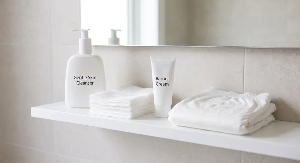Produtos de limpeza suave e creme de barreira numa prateleira