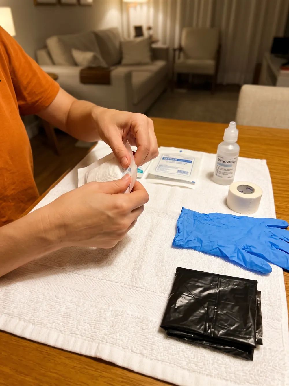Material de curativo separado sobre uma toalha limpa