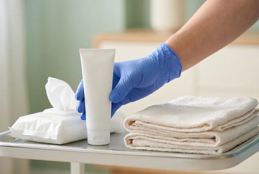 Mão com luva segurando creme de barreira ao lado de lenços e toalhas
