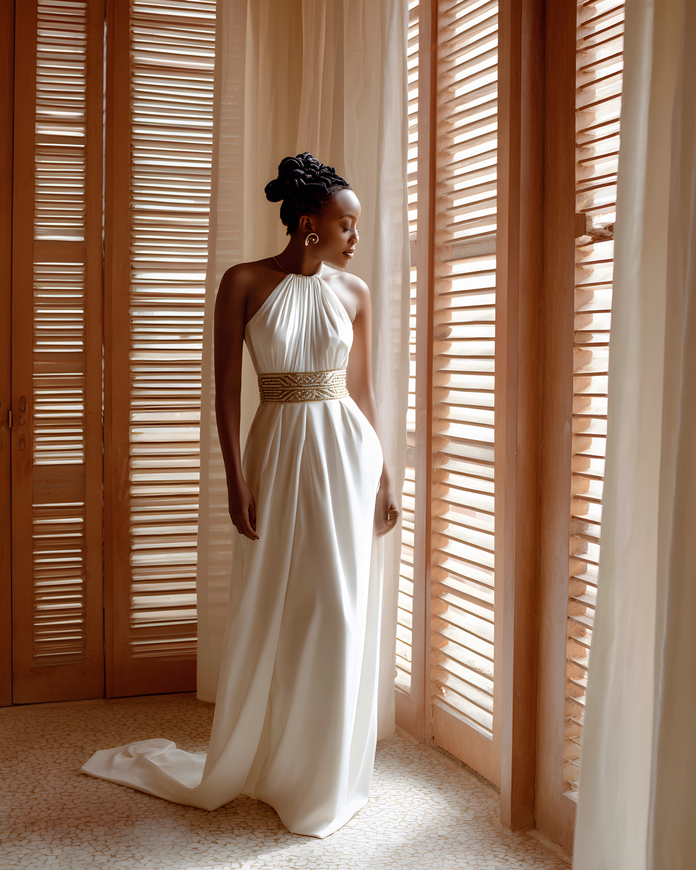 Ghanaian bride in an ivory silk halter gown with a gold kente belt, standing by louvered shutters in the Osu atelier