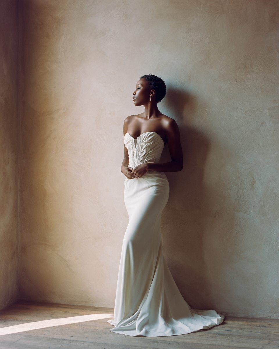 Adwoa — ivory silk crepe column, sculpted bodice