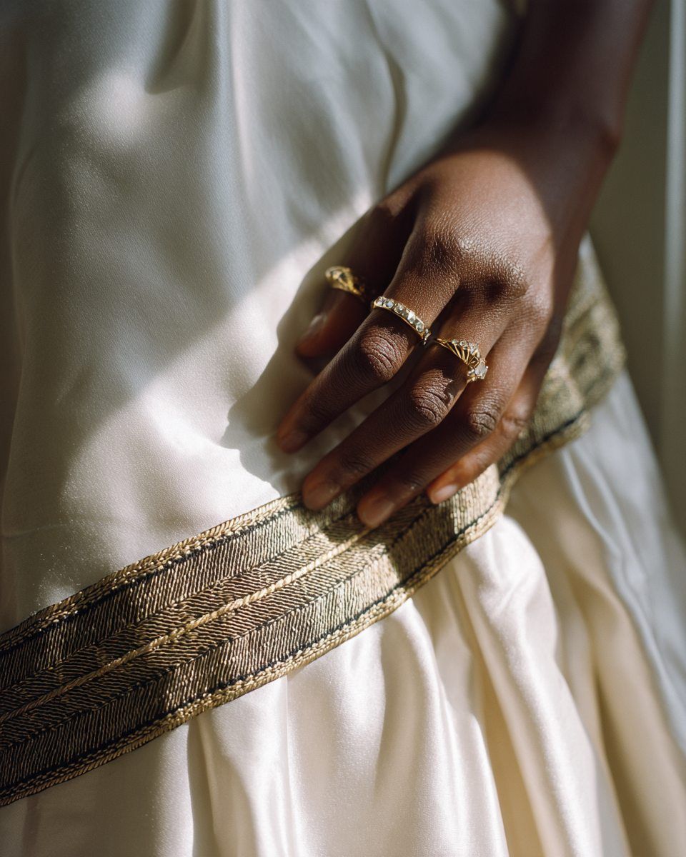 Close-up of a bride's hand with gold rings resting on an ivory gown hem trimmed with kente
