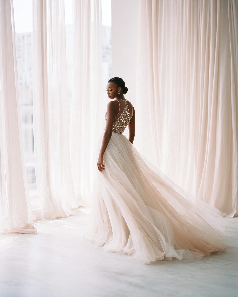 Abena — blush tulle A-line, beaded illusion neckline
