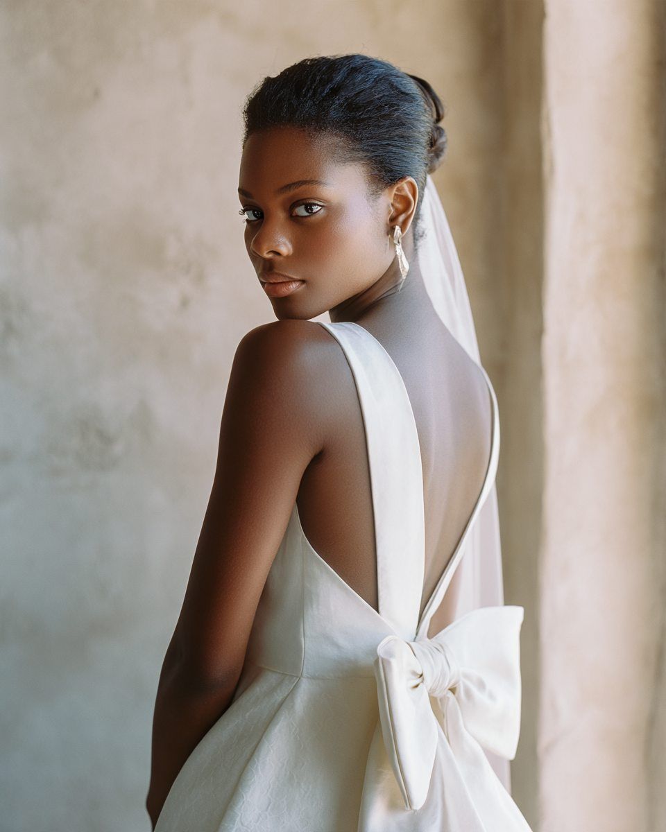 Akosua — ivory mikado, dramatic bow, cathedral veil
