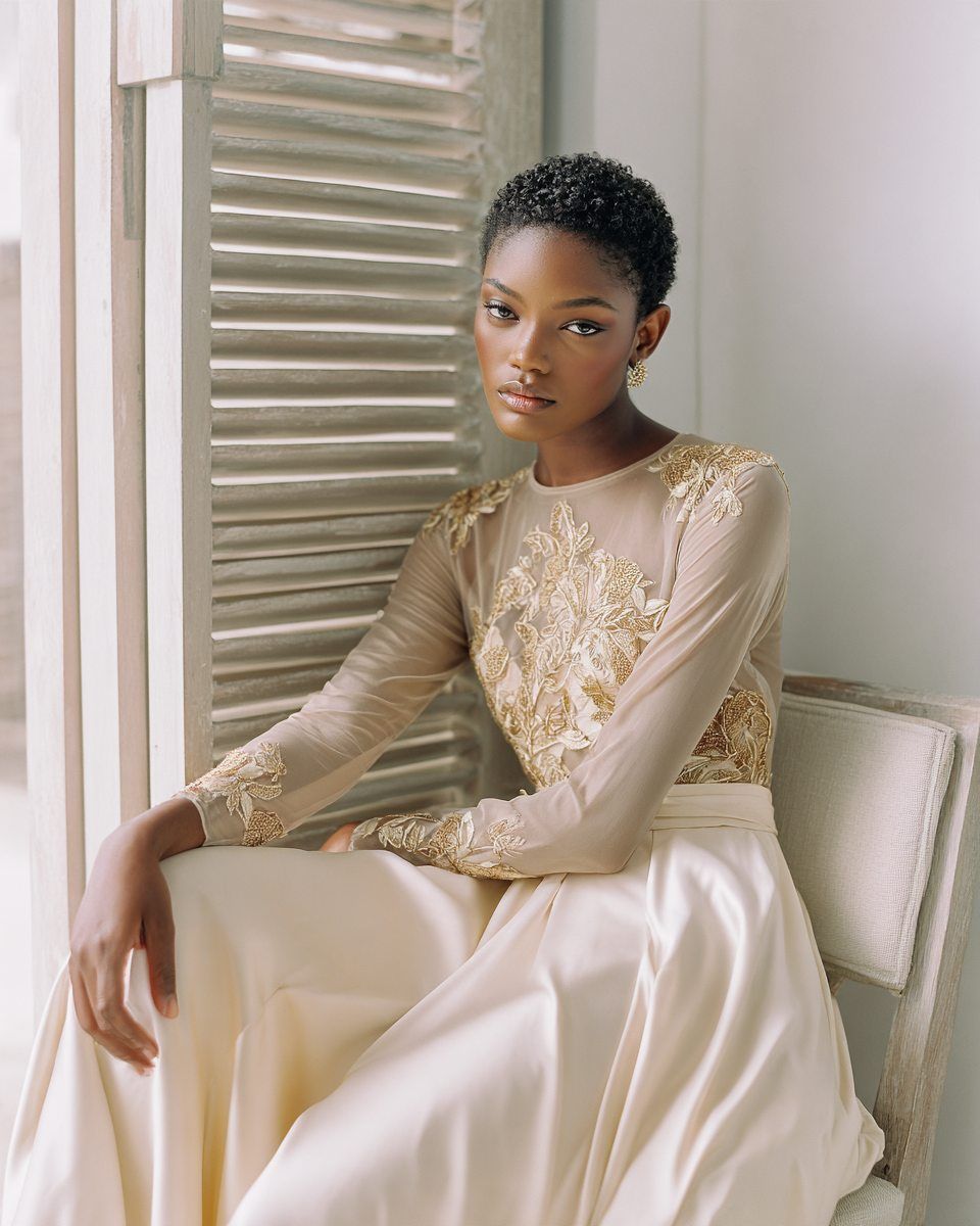 Efua — champagne silk ballgown, Adinkra embroidery