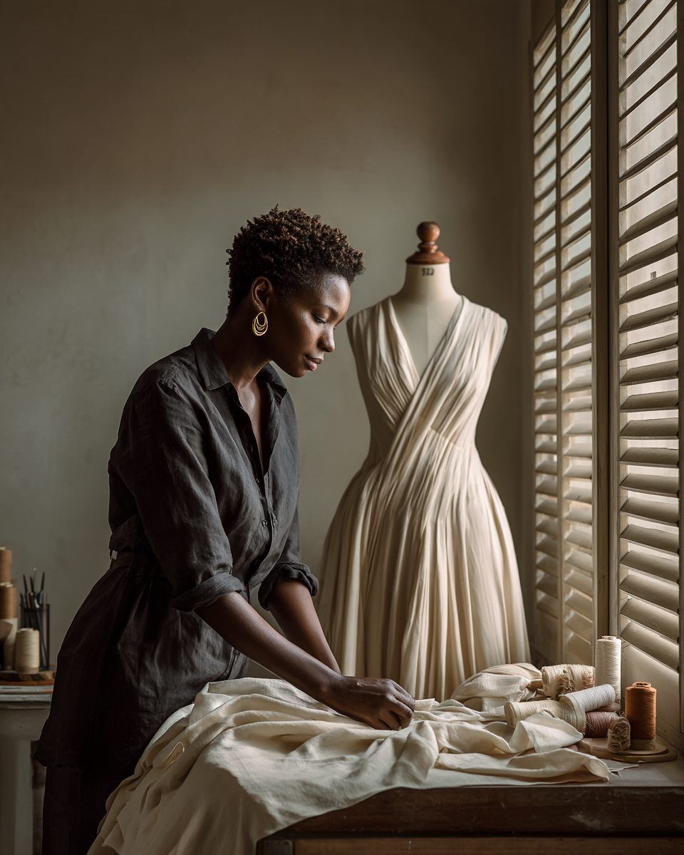Cesca Cudjoe pinning ivory silk on a dress form at her worktable in the Osu atelier