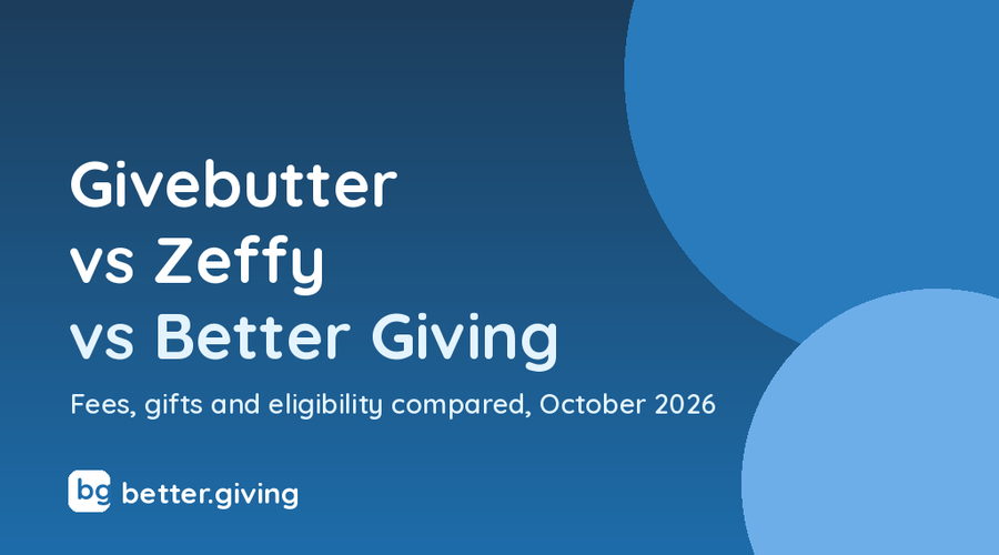 Better Giving banner with the words Givebutter vs Zeffy vs Better Giving on a dark blue background