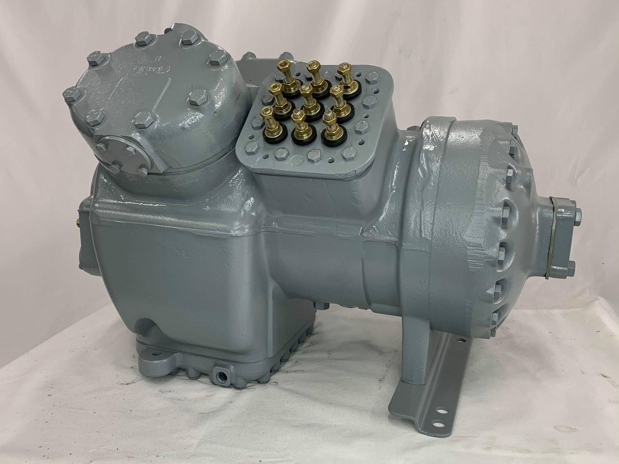 Remanufactured Carrier 06E semi-hermetic reciprocating compressor with fittings and mounting bracket