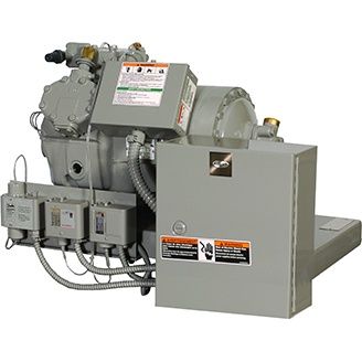 Remanufactured Carrier 06E266 semi-hermetic reciprocating compressor and control panel.