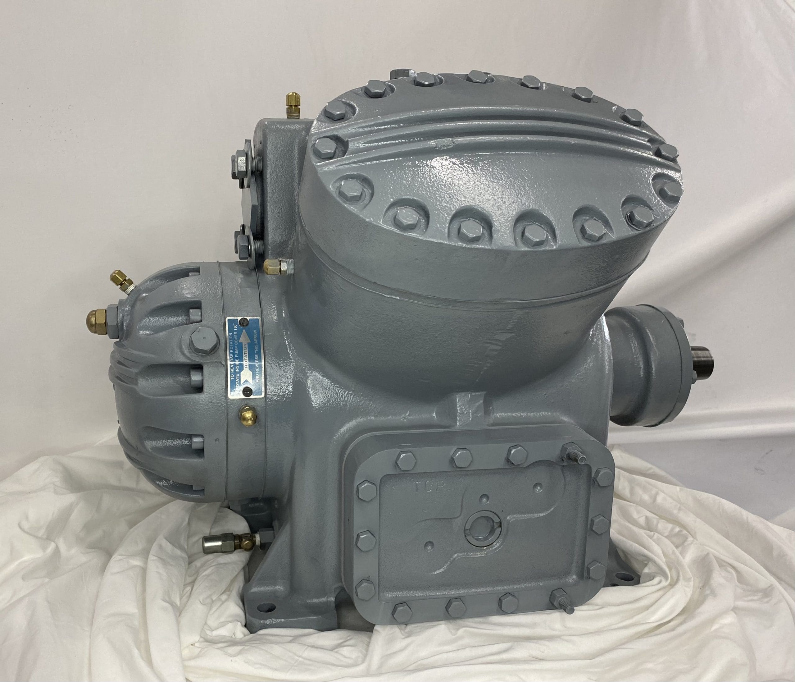 Remanufactured Carrier 5H60 open reciprocating compressor with R-22 refrigerant and 60 HP.