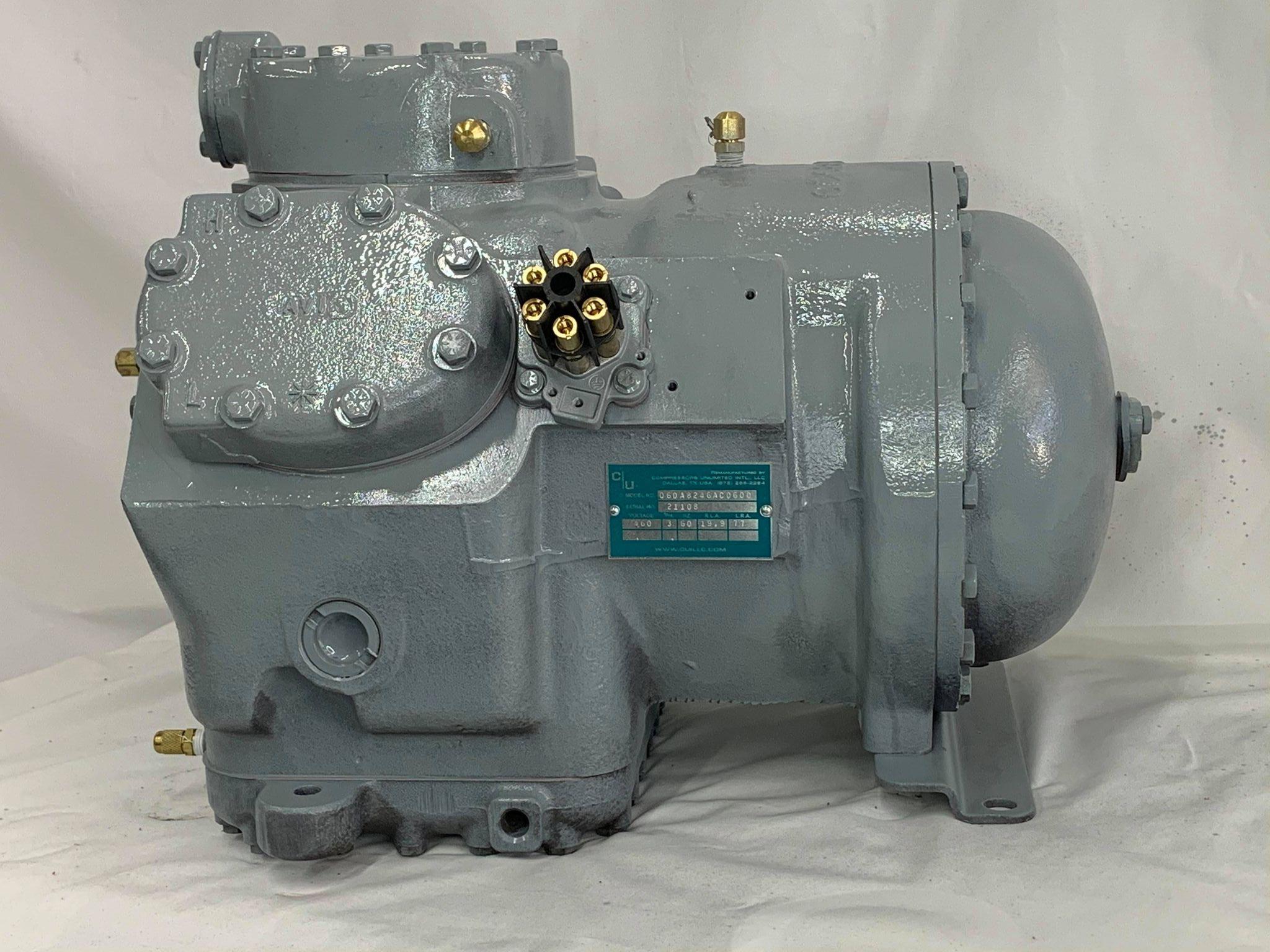 Remanufactured Carrier 06D semi-hermetic reciprocating compressor with data plate and electrical connections.