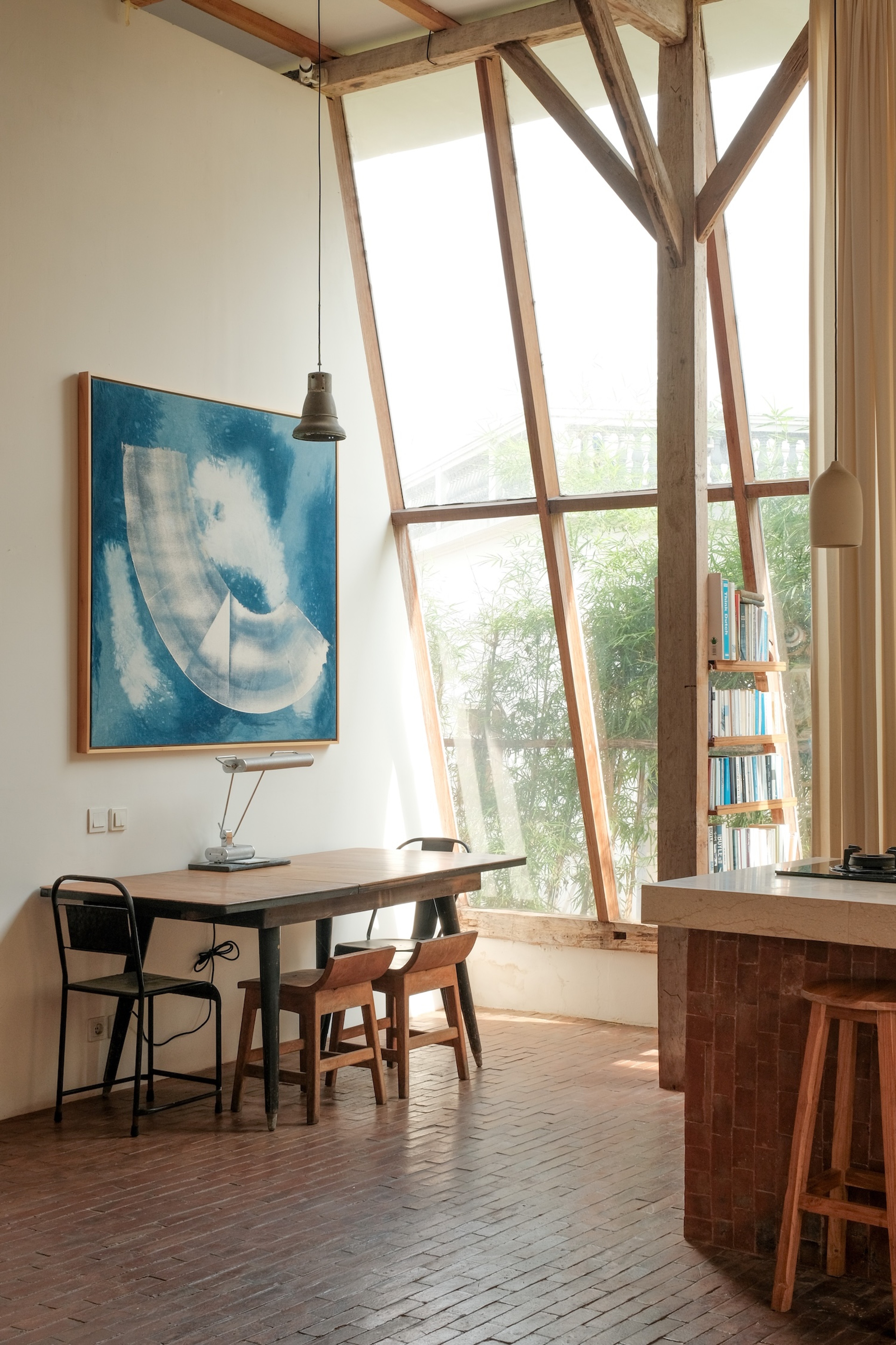 Abstract painting 'Indigo 03' by Jake Paul White, hung in artist loft, Bali