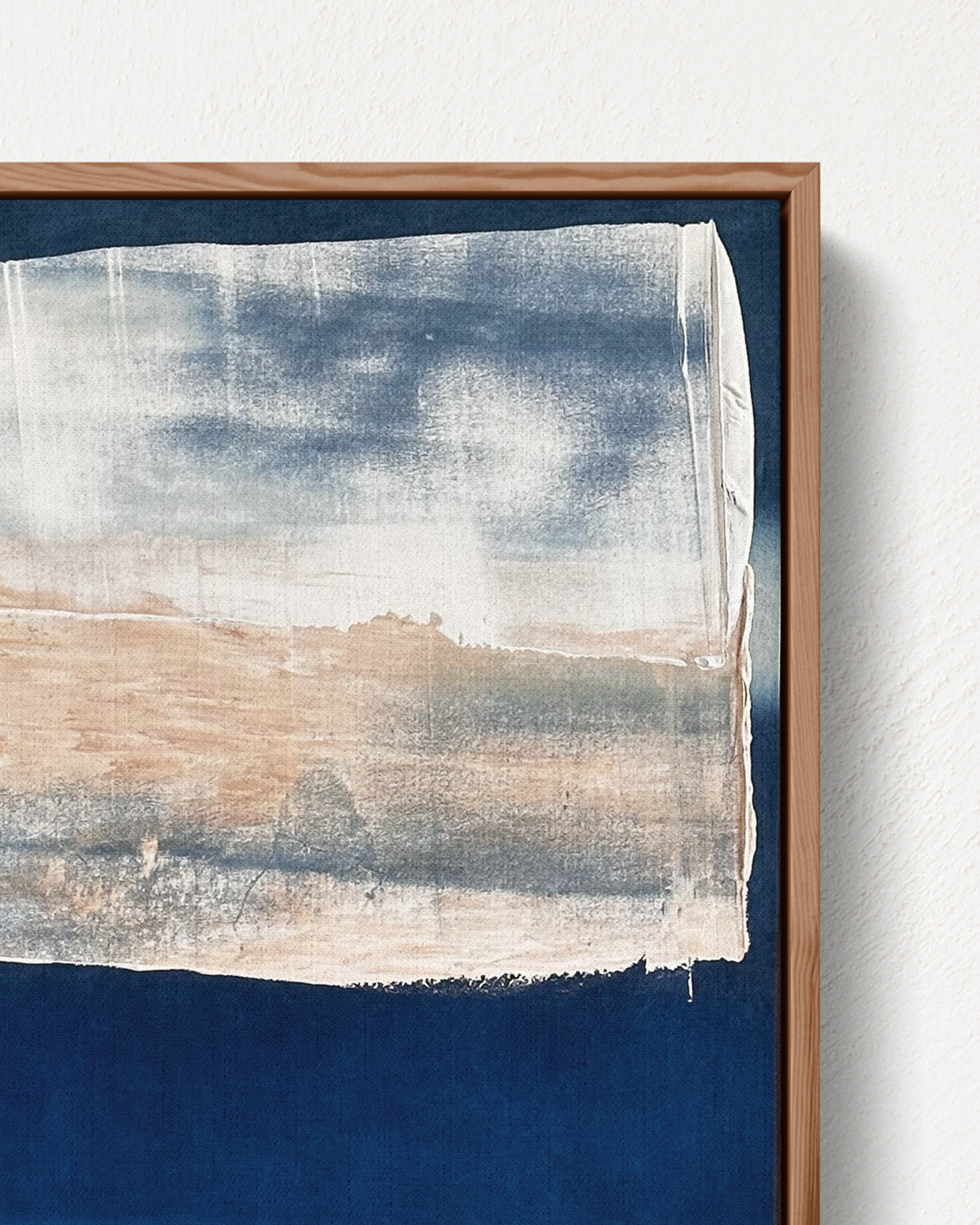 Abstract painting 'Indigo 02' by Jake Paul White, featuring natural indigo and acrylic on raw calico cotton, part of the Blue Series