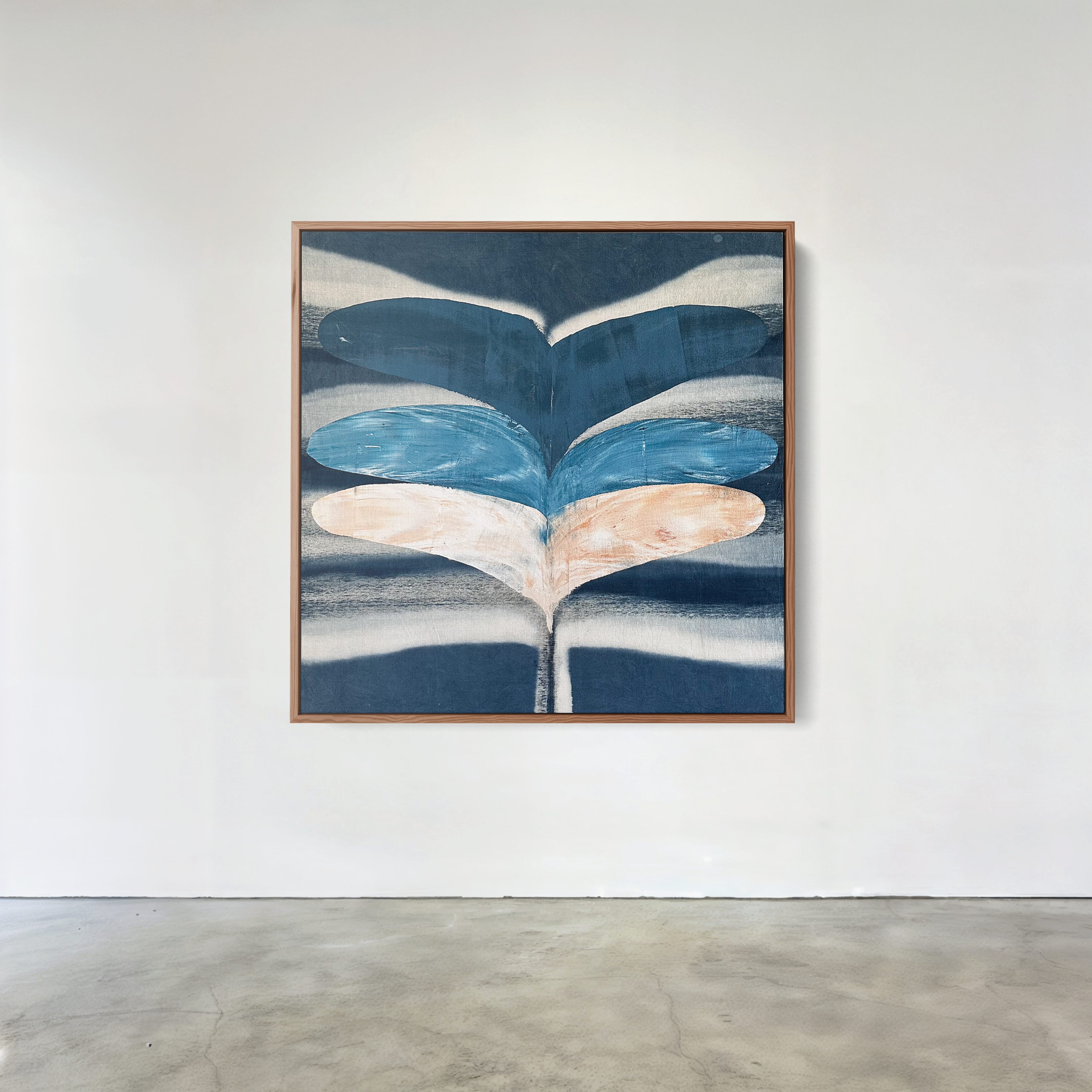 Abstract indigo painting with flowing organic forms by Jake Paul White, natural pigment on canvas, hung on a white gallery wall