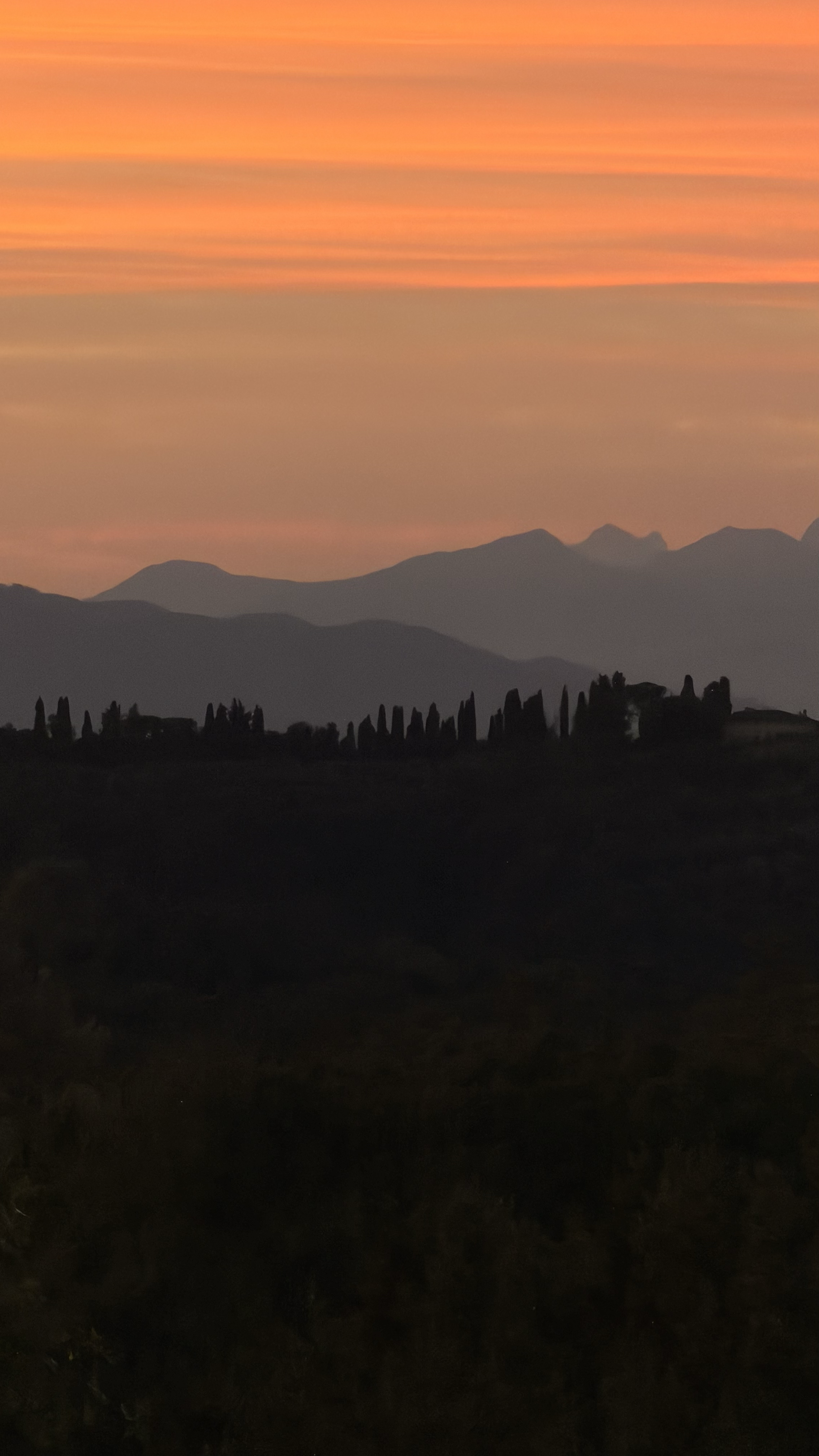 Orange sunset over the Tuscan hills, with cypress trees silhouetted on the horizon, seen from Villa Lena.