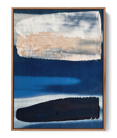 Abstract painting 'Indigo 02' by Jake Paul White, featuring natural indigo and acrylic on raw calico cotton, part of the Blue Series