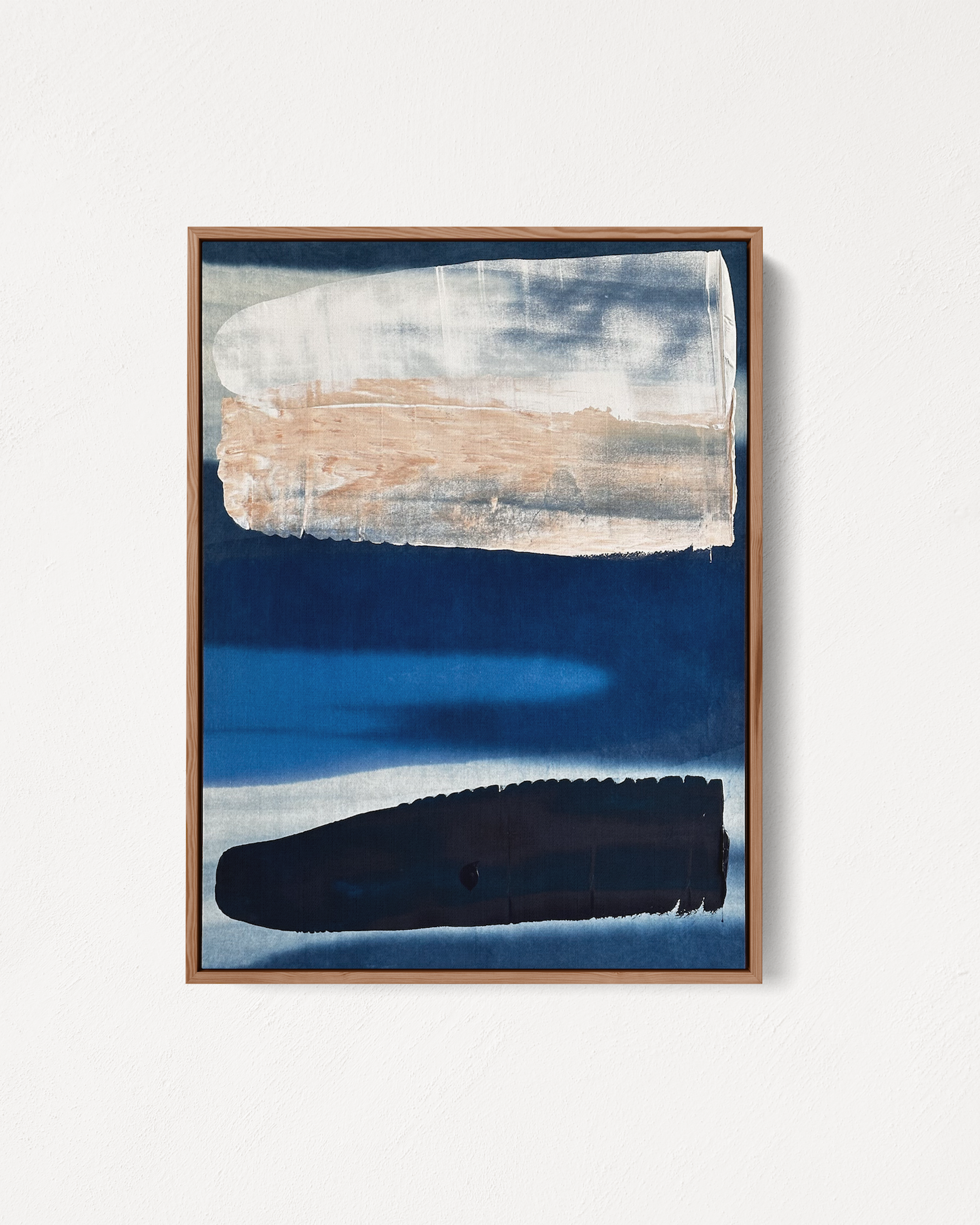 Abstract painting 'Indigo 02' by Jake Paul White, featuring natural indigo and acrylic on raw calico cotton, part of the Blue Series