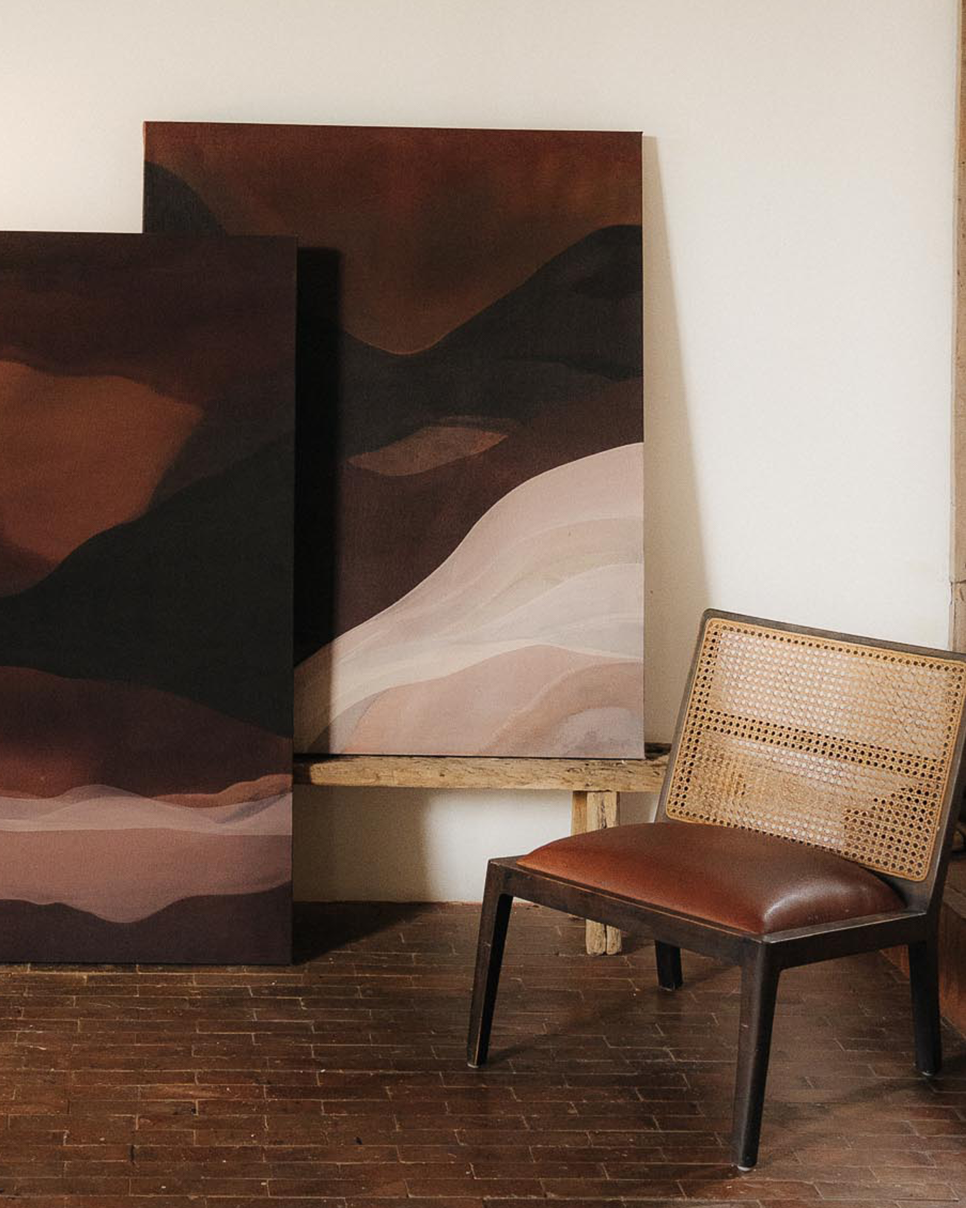 Abstract painting “Summer Daze" by Jake Paul White from the Red Series, created with Indonesian tea, coconut husk dye, clay, and rock pigments in 2024.