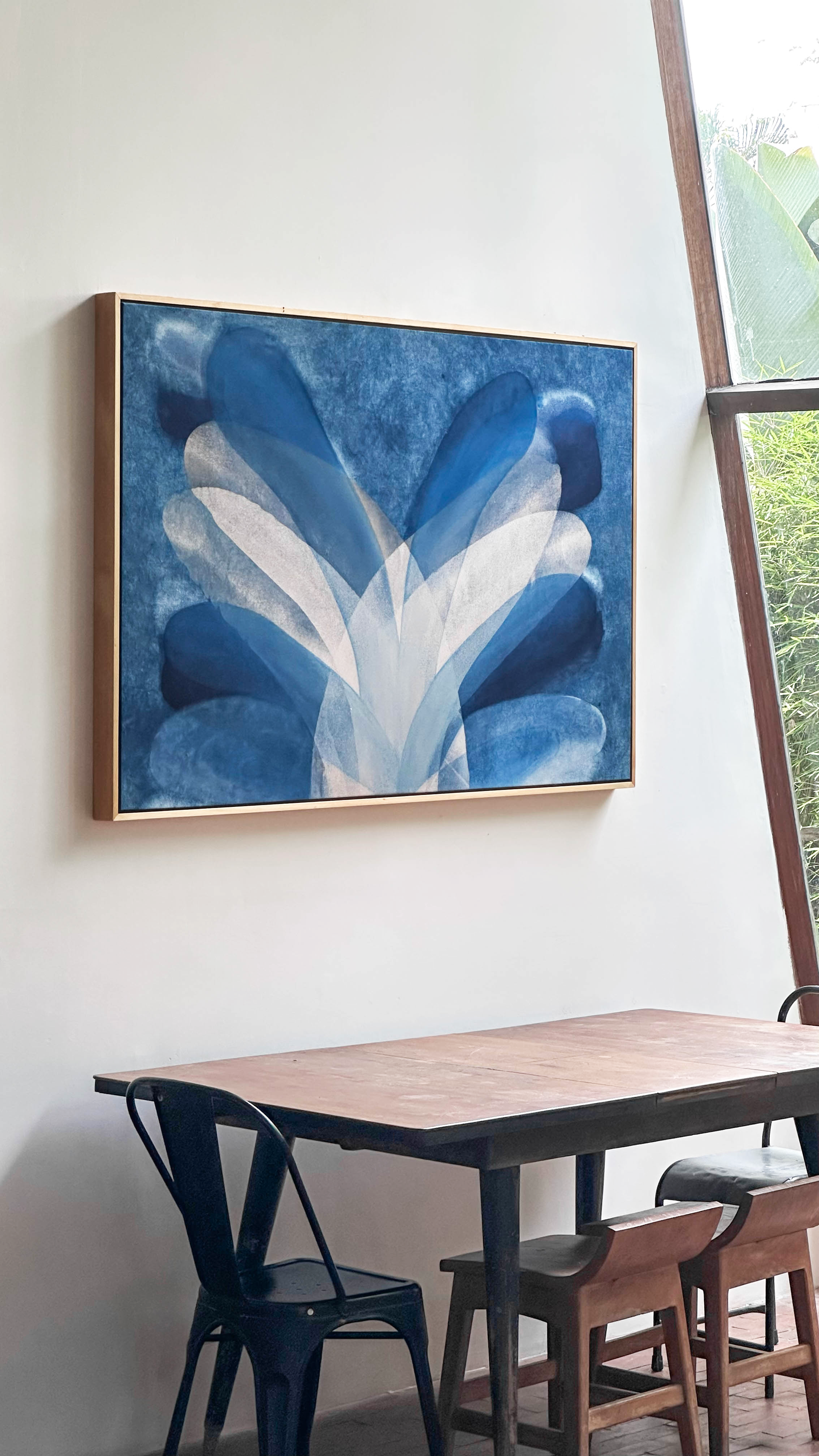 Abstract indigo painting with flowing organic forms by Jake Paul White, natural pigment on canvas, part of the Indigo Series