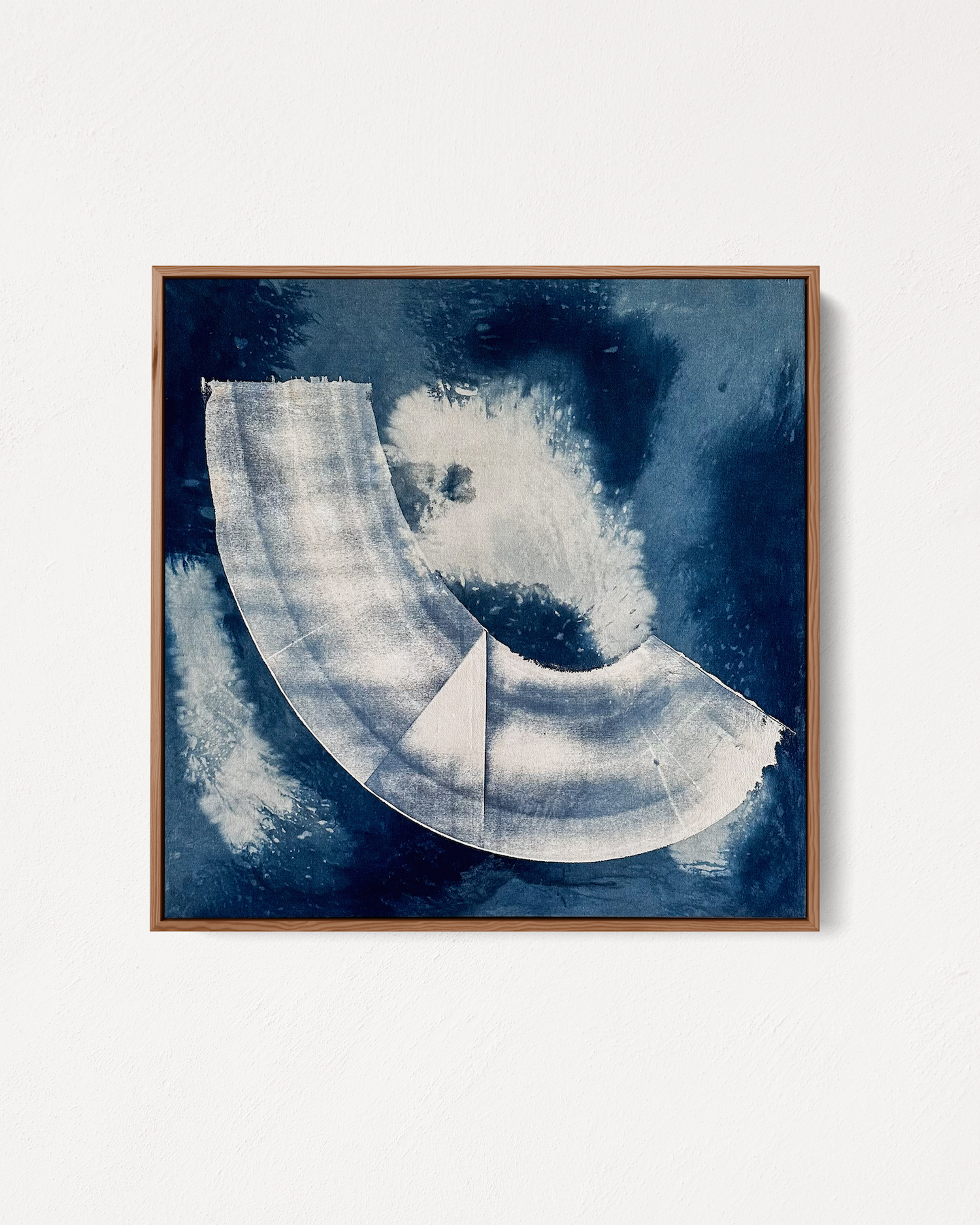 Abstract painting 'Indigo 03' by Jake Paul White, featuring natural indigo and acrylic on raw calico cotton, part of the Blue Series
