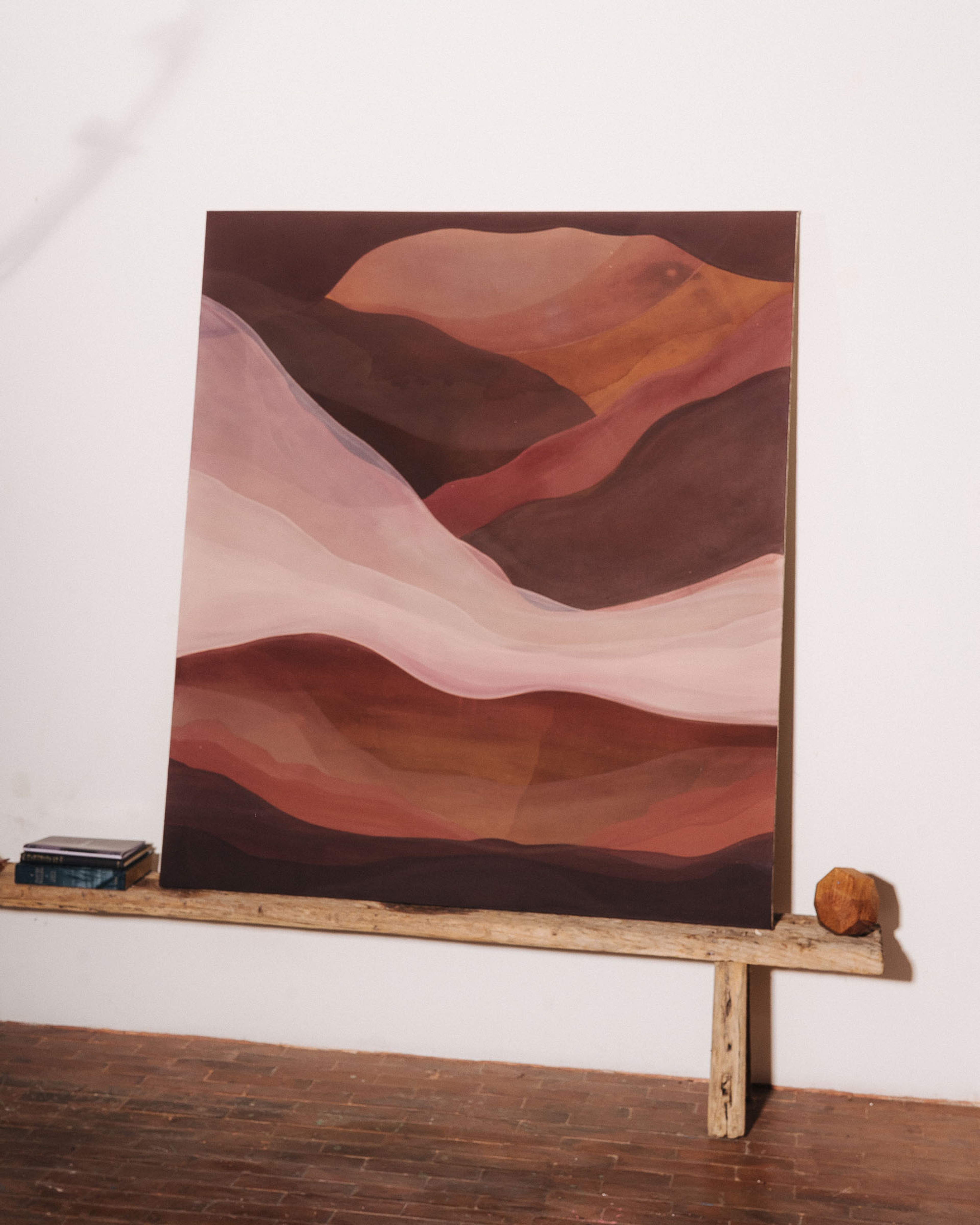 Abstract painting “Silent Crossing" by Jake Paul White from the Red Series, created with Indonesian tea, coconut husk dye, clay, and rock pigments in 2024.