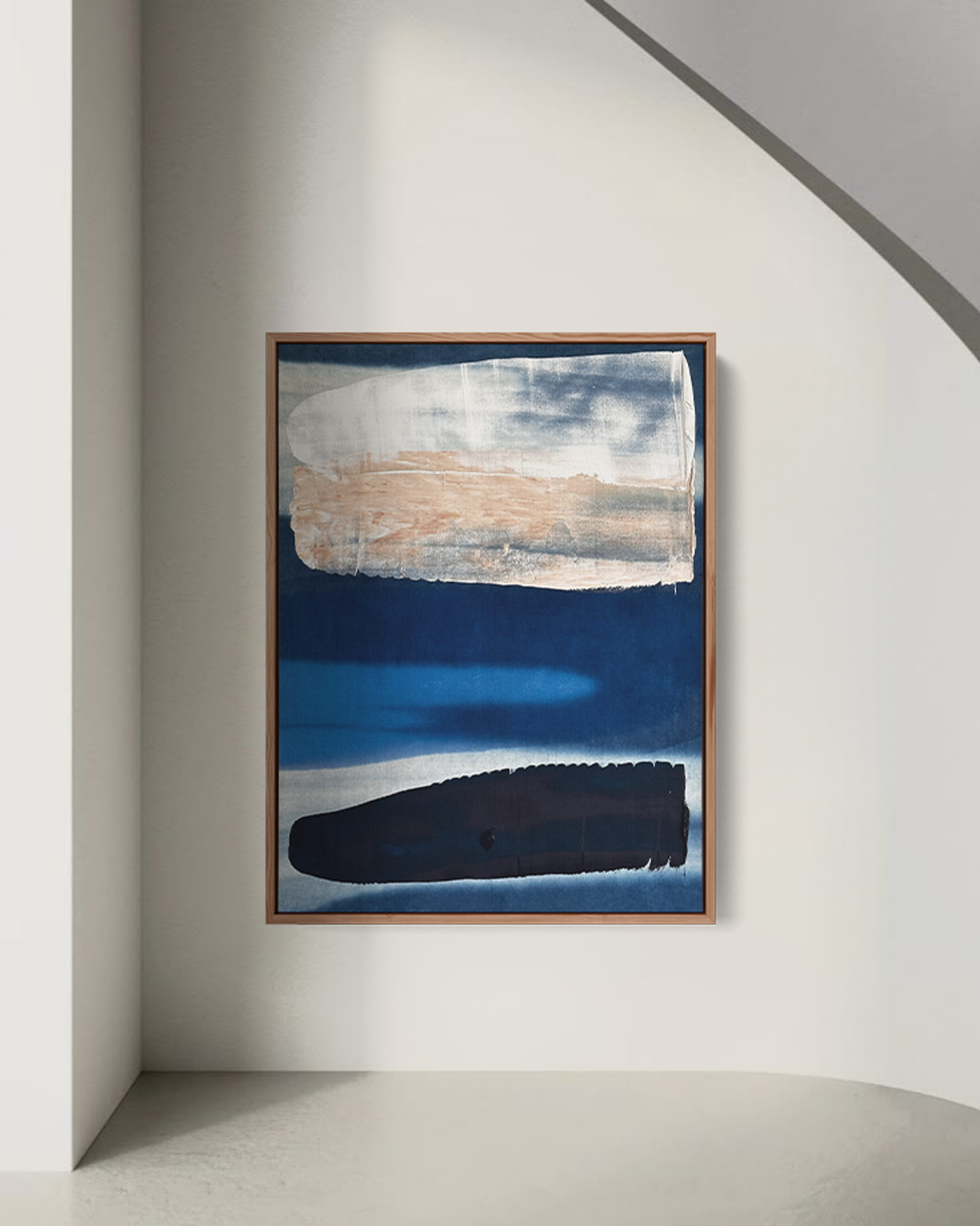 Abstract painting 'Indigo 02' by Jake Paul White, featuring natural indigo and acrylic on raw calico cotton, hung in minimal gallery space