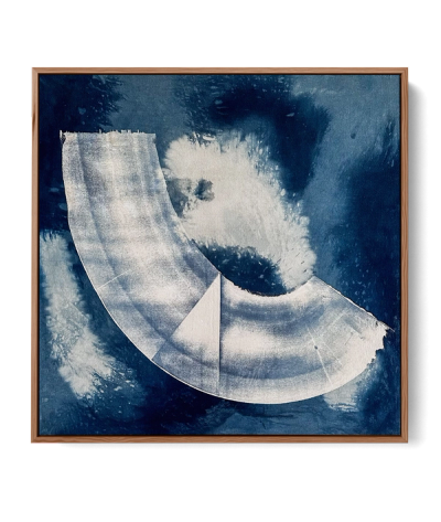 Abstract painting 'Indigo 03' by Jake Paul White, featuring natural indigo and acrylic on raw calico cotton, part of the Blue Series