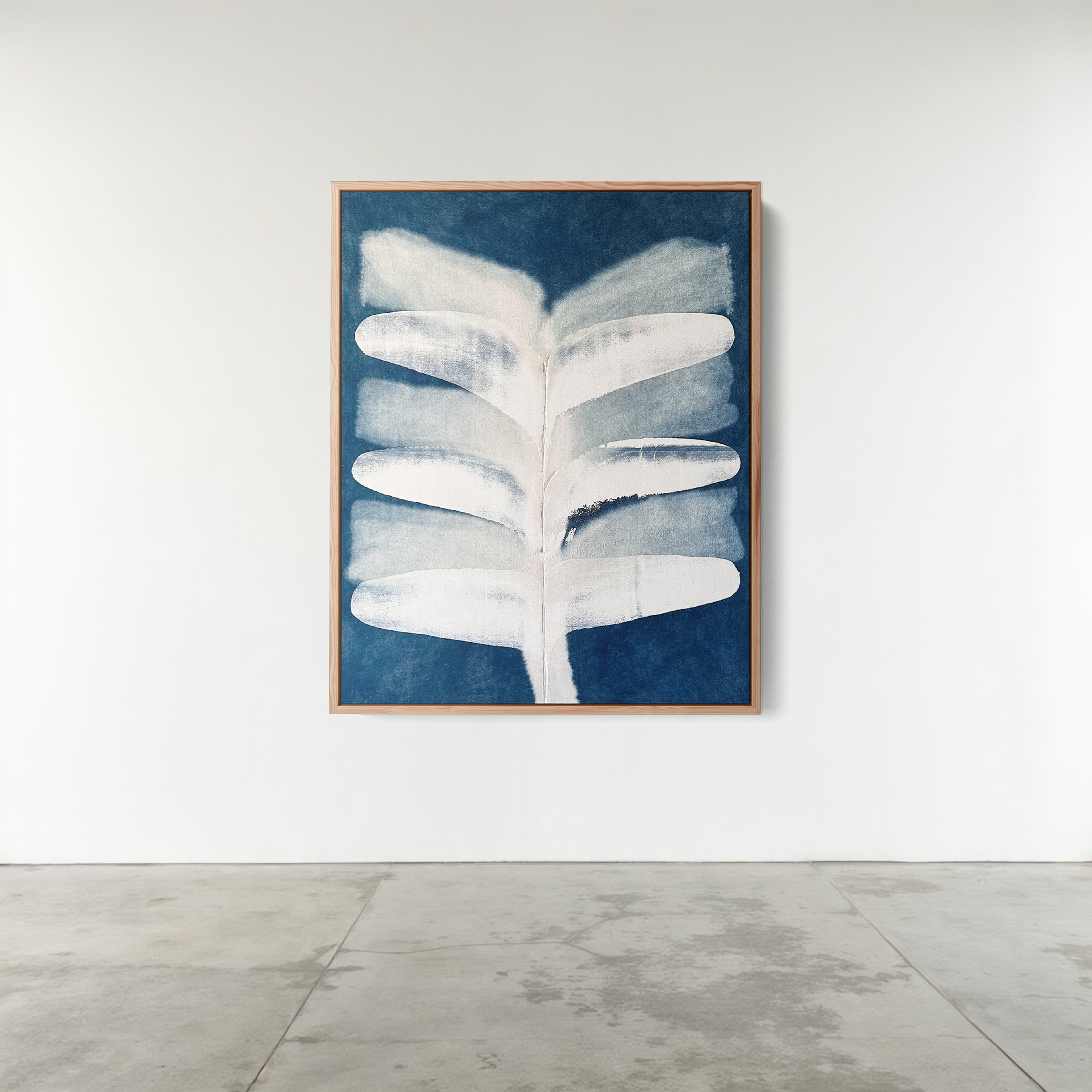 Abstract indigo painting with flowing organic forms by Jake Paul White, natural pigment on canvas, hung on a white gallery wall